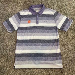 Nike Golf Shirt Men's Large Purple White Striped DriFit Moisture Wick Polo